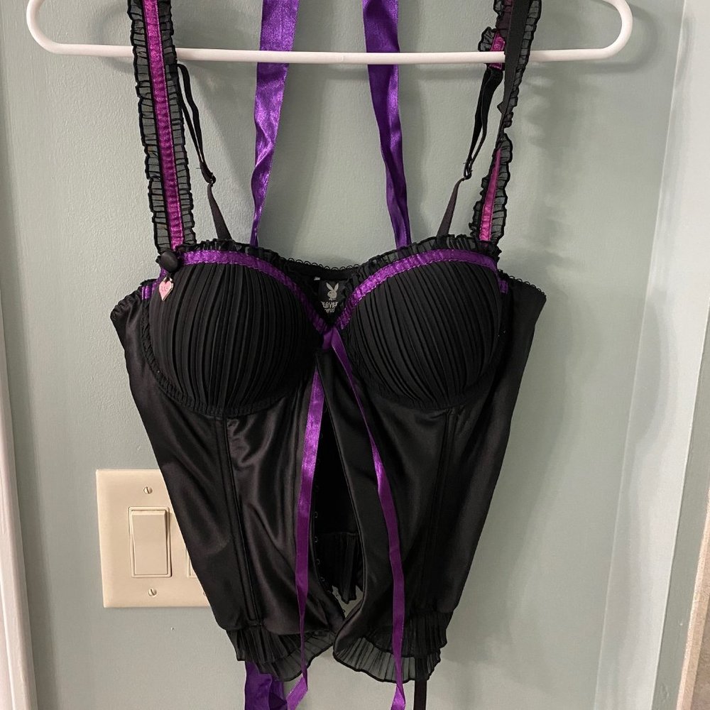 Black Satin Corset with Matching Satin Tie Thong